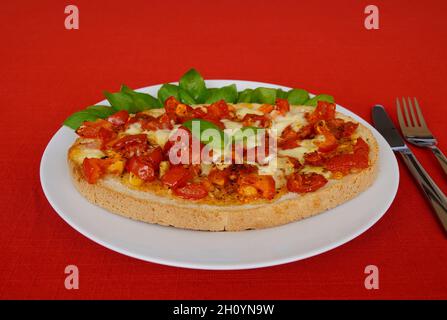 Deliziosa bruschetta italiana con succosi pomodori rossi, mozzarella, aglio, olio d'oliva e foglie di basilico fresco su un piatto Foto Stock