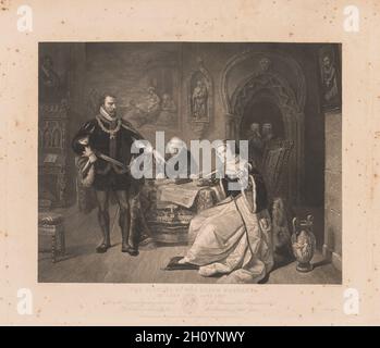 Firma del mandato di morte di Lady Jane Gray. Charles Kennedy Burt (americano, 1823-1892). Incisione; Foto Stock