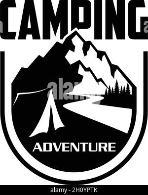 Tenda con montagna sullo sfondo, logo design relativo all'attività all'aperto Illustrazione Vettoriale