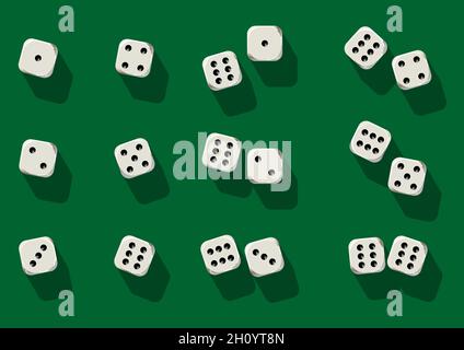 Set vettoriale di dadi da casinò bianchi vista dall'alto isolato su un tavolo verde Illustrazione Vettoriale