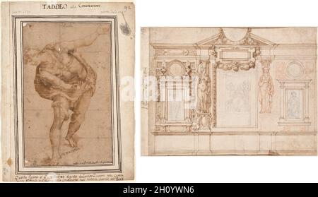 Hebreo delle Nazioni Unite, da Cristo mostrato al popolo (recto); Design per una decorazione murale con incollato in schizzi dopo Raphael (verso), dopo 1556 (recto), c. 1580s-90s (verso). Frederico Zuccaro (italiano, 1540/1-1609), dopo Taddeo Zuccaro (Italiano, 1529-1566). Brown lavare con delineando a penna e inchiostro bruno e gesso rosso, con tracce di gesso nero (recto); penna e inchiostro bruno marrone con il lavaggio gesso rosso e tracce di matita, tre incollato in schizzi compositivi in gesso nero fissate su di un foglio dell'album; foglio: 33,4 x 43,5 cm (13 1/8 x 17 1/8 in.); pagina: 34.1 x 46 cm (13 7/16 x 18 1/8 in.); s Foto Stock