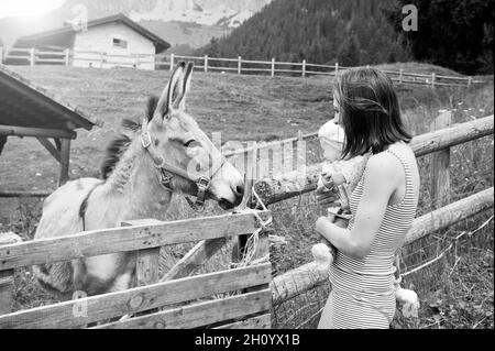 Mamma con sua figlia che si diverte al ranch fattoria e. Incontro con un asino - concetto di PET Therapy in campagna con Asino nella fattoria didattica - animale domestico il Foto Stock