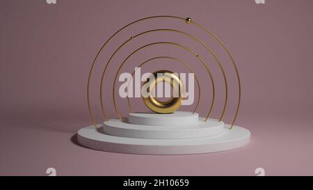 Astratto oro torus sul lusso mock up palcoscenico. Platform 3d rende podio su sfondo rosa in stile 3d. Podio sullo sfondo cosmetico. Studio piattaforma Foto Stock