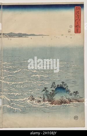 Le vasche idromassaggio di Awa, 1857. Utagawa Hiroshige (giapponese, 1797-1858). Uno di un trittico di stampe a blocchi di legno a colori; foglio: 38.4 x 25.8 cm (15 1/8 x 10 3/16 poll.). Alla fine della sua carriera, Hiroshige esplorò il tema poetico della setsugekka, “neve, luna e fiori”, in un insieme di tre trittici. I vortici vorticosi di Awa ricordavano allo spettatore dei fiori. Foto Stock