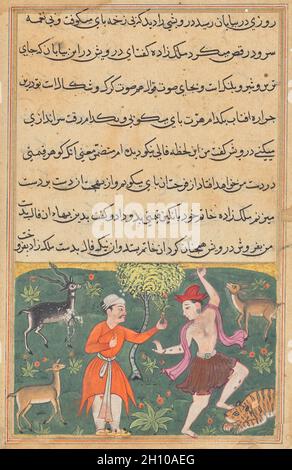 Il principe incontra un derviscio danzante spensierato la cui buona fortuna acquista per il suo anello, da un Tuti-nama (Tales of a Parrot): Diciottesima Notte, c.. 1560. Mughal India, corte di Akbar (regnò 1556–1605). Tempera gengivale, inchiostro e oro su carta; totale: 20.3 x 14 cm (8 x 5 1/2 in.); solo pittura: 6.9 x 10.5 cm (2 11/16 x 4 1/8 in.). Il principe, nella tunica arancione, era stato esiliato dal fratello maggiore che ereditò il trono, così decise di viaggiare. In un deserto incontrò un derviscio danzante al quale gli animali selvatici sembravano misticamente disegnati; i cervi non sono preoccupati per la tigre vicina Foto Stock