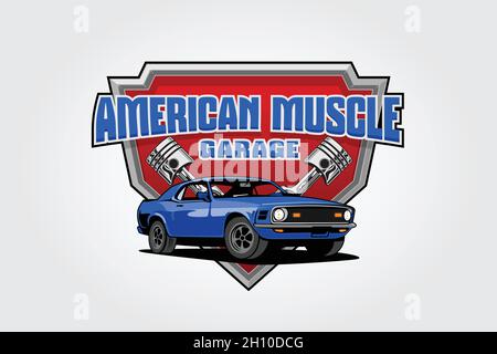 American Muscle Garage Logo Design. Questo logo può essere utilizzato per garage auto vecchio stile o classico, negozi, riparazioni, restauri. Illustrazione Vettoriale