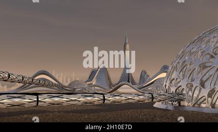 Rendering 3d dello skyline della città con architettura futuristica e metallica, isolata in nero con il percorso di ritaglio incluso nel file per l'esplorazione dello spazio Foto Stock