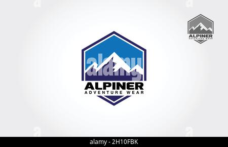 Alpiner Adventure Wear modello con logo vettoriale. Logo climbing, spedizione in montagna, emblemi di avventura in campeggio. Incluse le icone degli attrezzi per arrampicarsi sull'alpinismo. Illustrazione Vettoriale