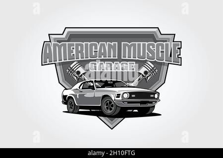 American Muscle Garage Logo Design. Questo logo può essere utilizzato per garage auto vecchio stile o classico, negozi, riparazioni, restauri. Illustrazione Vettoriale
