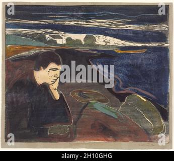 Sera, Melancholy i, 1896. Edvard Munch (norvegese, 1863-1944). Legno tagliato a mano con acquerello; immagine: 37.7 x 45 cm (14 13/16 x 17 11/16 poll.). Foto Stock