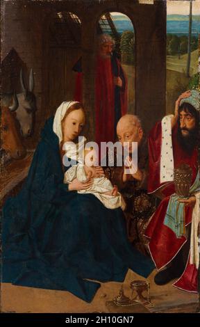 L Adorazione dei Magi, 1480s. Geertgen tot Sint Jans (Netherlandish, c. 1460-c. 1490). Olio su legno; incorniciato: 39 x 29,5 x 3,5 cm (15 3/8 x 11 5/8 x 1 3/8 in.); senza cornice: 29,3 x 18,9 cm (11 9/16 x 7 7/16 in.). Foto Stock