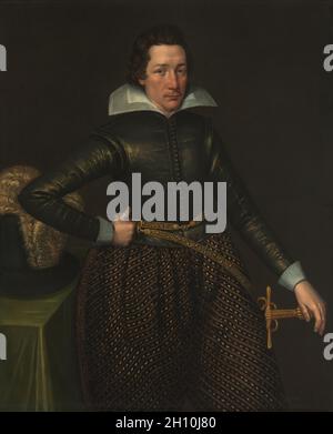 Ritratto di un uomo, c. 1610. Inghilterra (anglo-olandese), del XVII secolo. Olio su tela; incorniciato: 142,5 x 120,5 x 6,5 cm (56 1/8 x 47 7/16 x 2 9/16 in.); senza cornice: 123,2 x 99,8 cm (48 1/2 x 39 5/16 in.). Foto Stock