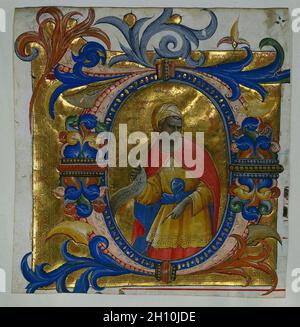 Iniziale D[eus in loco] con un profeta asportato da un graduale, 1409-10. Lorenzo Monaco (Italiano, c. 1370-1425). Inchiostro, tempera e oro su pergamena; foglio: 16,7 x 16 cm (6 9/16 x 6 5/16 in.); incorniciato: 52,4 x 39,7 cm (20 5/8 x 15 5/8 in.); mascherino: 48,9 x 36,2 cm (19 1/4 x 14 1/4 in.). Foto Stock