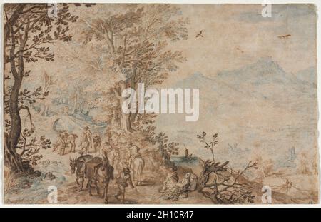 Paesaggio con i viaggiatori, 1605. Jan Brueghel (fiammingo, 1568-1625). Penna e inchiostro bruno e spazzola e lavaggio marrone e blu acquerello su stilo; foglio: 19,9 x 31 cm (7 13/16 x 12 3/16 in.). Foto Stock