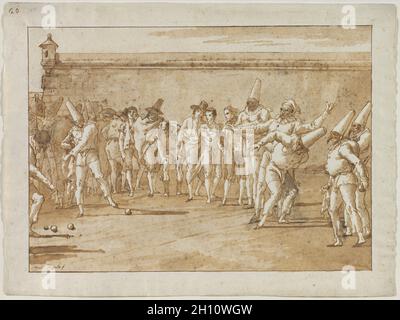 Il gioco delle bocce, 1790s. Giovanni Domenico Tiepolo (Italiano, 1727-1804). Penna e inchiostro bruno e spazzola e lavaggio marrone, oltre le tracce di gesso nero; linee di delimitazione in inchiostro marrone su grafite; foglio: 35,5 x 47,3 cm (14 x 18 5/8 in.); immagine: 29,7 x 41,6 cm (11 11/16 x 16 3/8 in.). Foto Stock