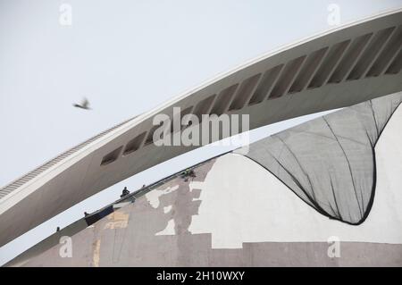 Opere di riforma (nel 2014) per rimuovere il 'trencadís' sul tetto e la facciata del Palau de les Arts Reina Sofia (costruito nel 2005). Città delle arti e della scienza Foto Stock