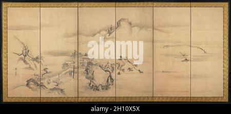 Otto vedute della Xiao e Xiang fiumi, 1700s. Watanabe Shikō (giapponese, 1683-1755). Sei-piegatura del pannello schermo, inchiostro su carta; immagine: 150 x 356 cm (59 1/16 x 140 3/16 in.); complessivo: 170 x 376 cm (66 15/16 x 148 1/16 in.). Foto Stock