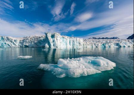 Il ghiaccio galleggia sulle acque artiche di fronte al ghiacciaio Lilliehook. Lilliehookfjorden, Spitsbergen Island, Svalbard, Norvegia. Foto Stock