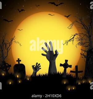 Illustrazione vettoriale EPS 10 con mani non morte davanti a. Luna piena con elementi spaventosi illustrati per i layout di sfondo di Halloween Illustrazione Vettoriale