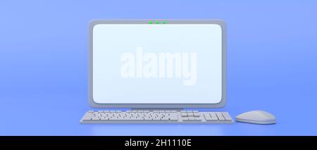 Computer desktop minimo, schermo vuoto vuoto, tastiera e mouse su sfondo blu, spazio di copia, banner. Modello di comunicazione, pubblicità commerciale Foto Stock