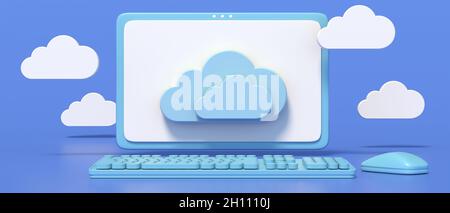 Cloud computing. Computer desktop minimo, mouse tastiera e nuvole su sfondo blu, banner. Concetto di servizio per la tecnologia di archiviazione dei dati di rete. 3d i Foto Stock