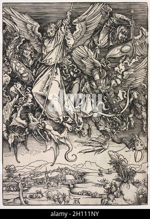 Rivelazione di San Giovanni: San Michele che combatte il Drago, 1511. Albrecht Dürer (tedesco, 1471-1528). Taglio del legno; foglio: 39.2 x 28.2 cm (15 7/16 x 11 1/8 poll.); dimensioni del manto: 48.9 x 36.3 cm (19 1/4 x 14 5/16 poll.). Foto Stock