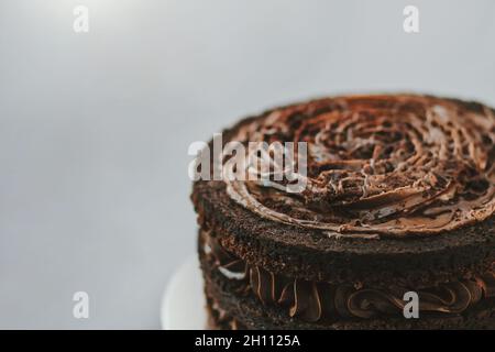 Deliziosa torta scura su sfondo bianco. Delizioso dessert dolce con strati multipli decorati con glassa marrone Foto Stock