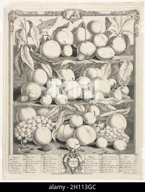 Dodici mesi di frutta: Agosto 1732. Henry Fletcher (britannico, attivo dal 1715 al 38). Incisione, colorata a mano; Foto Stock