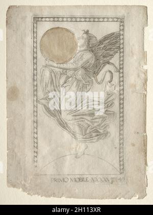 L'Angelo della Nona sfera (dai Tarocchi, serie A: Firmaments of the Universe, #49), prima del 1467. Master della Serie e Tarocchi (italiano, XV secolo). Incisione; Foto Stock