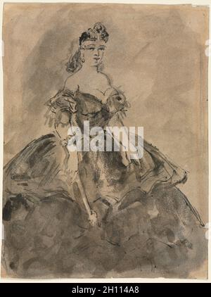 A sfera (recto), XIX secolo. Constantin Guys (Francese, 1805-1892). Penna e inchiostro nero e spazzola e lavaggio grigio; foglio: 24,9 x 19,6 cm (9 13/16 x 7 11/16 in.). Foto Stock