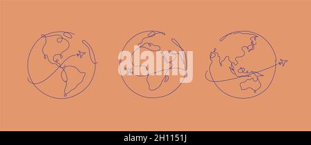 Disegno a mano del globo che viaggia in stile linea penna su sfondo color salmone Illustrazione Vettoriale
