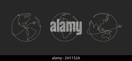 Disegno a mano del piano del globo che viaggia in stile linea di penna su sfondo nero Illustrazione Vettoriale