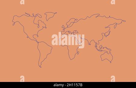 Mappa del mondo in stile linea di penna disegno su sfondo color salmone Illustrazione Vettoriale