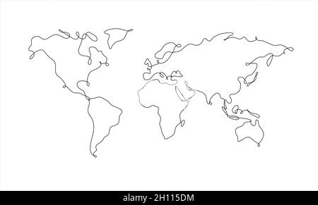 Mappa del mondo in stile linea di penna disegno su sfondo bianco Illustrazione Vettoriale