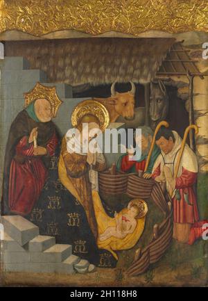 La natività, c. 1457. Jaume Ferrer (spagnolo, 1460/70). Olio e tempera e oro su pannello in legno (FIR); incorniciato: 187,3 x 139,1 x 14 cm (73 3/4 x 54 3/4 x 5 1/2 in.); senza cornice: 172.7 x 124,4 cm (68 x 49 in.). Foto Stock