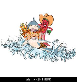 Cowboy Hot Chili Pepper Riding a Shark Breathing Fire saltando in su con Waves Vintage Tattoo stile Foto Stock