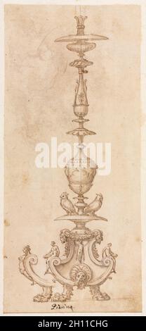 Design per un candelabro, metà 1500s. Luzio Romano (italiano, attivo 1528-75). Penna e inchiostro bruno e spazzola e lavaggio marrone, oltre gesso nero; foglio: 32,5 x 14,6 cm (12 13/16 x 5 3/4 in.); supporto secondario: 38,8 x 20,9 cm (15 1/4 x 8 1/4 in.). Foto Stock