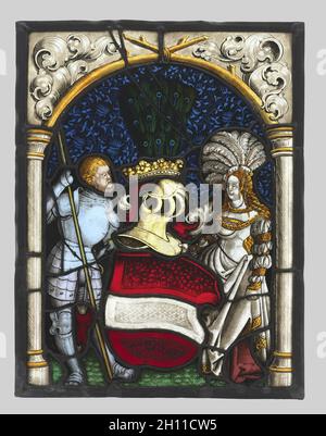Pannello araldico raffigurante un cavaliere e una donna con i bracci del Archduchy dell Austria, c. 1515. La Svizzera e la Germania o Austria, del XVI secolo. Vetro bianco con colorazione con argento, sanguigna e pentola di metallo; complessivo: 39,1 x 28,9 cm (15 3/8 x 11 3/8 in.). Foto Stock