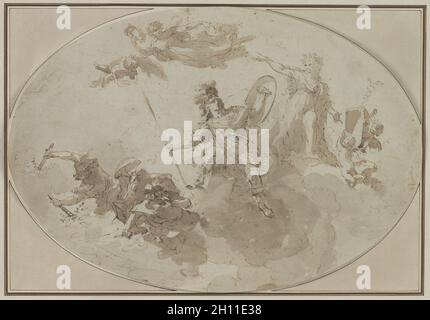 Studio del soffitto: Allegoria della Pace e della guerra, c. 1800 ?. Giuseppe Bernardino Bison (Italiano, 1762-1844). Penna e inchiostro bruno e spazzola e lavaggio marrone oltre gesso nero; foglio: 29.7 cm x 43 cm (11 11/16 x 16 15/16 in.); supporto secondario: 29.7 cm x 43 cm (11 11/16 x 16 15/16 in.); terziario supporto: 37,8 x 50,9 cm (14 7/8 x 20 1/16 in.). Foto Stock