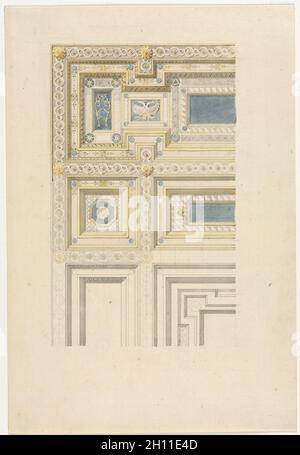 Design per soffitti ornamentali, xix secolo. Anonimo, dopo Charles Percier (Francese, 1764-1838). Penna e inchiostro grigio e grigio, blu e giallo il lavaggio grafite; foglio: 32,1 x 21,9 cm (12 5/8 x 8 5/8 in.); immagine: 22,3 x 14 cm (8 3/4 x 5 1/2 in.). Foto Stock