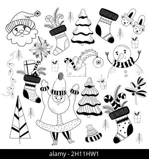 Grande set di elementi di design per Natale e Capodanno in stile doodle. Babbo Natale, Snowman, calza di Natale con regali e albero di Natale. Vettore Illustrazione Vettoriale