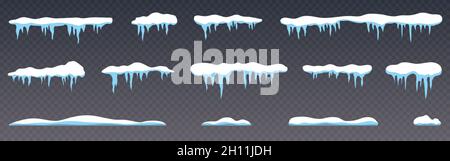 Collezione di calotte da neve. Ghiaccioli su sfondo trasparente. Set di calotte da neve realistiche. Maschere bianche per la deriva da neve. Decorazione invernale. Vettore Illustrazione Vettoriale