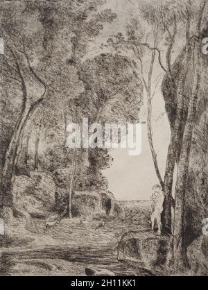 Il Pastore piccolo, impronta originale 1855, stampato nel 1921. Jean Baptiste Camille Corot (francese, 1796-1875). Cliché-verre; foglio: 35.6 x 28 cm (14 x 11 poll.); immagine: 32.4 x 24.5 cm (12 3/4 x 9 5/8 poll.). Foto Stock