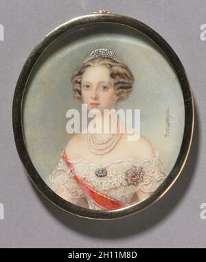 Ritratto di una donna, forse la principessa Cecilie di Baden, Granduchessa Olga Feodorovna, c. 1860. Alois Gustav Rockstuhl (Russo, 1798-1877). Acquerello su avorio in metallo dorato mount; incorniciato: 5,5 x 4,8 cm (2 3/16 x 1 7/8 in.); senza cornice: 5,1 x 4,5 cm (2 x 1 3/4 in.). Foto Stock