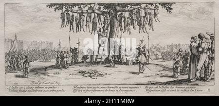 Le grandi miserie della guerra: Il Hanging, 1633. Jacques Callot (francese, 1592-1635). Incisione; Foto Stock