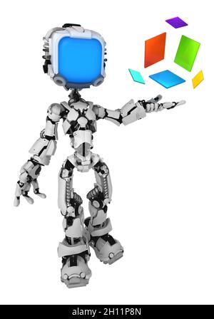 Immagine robot schermo posa carattere con disegno cubo a colori, illustrazione 3d, verticale, isolato Foto Stock