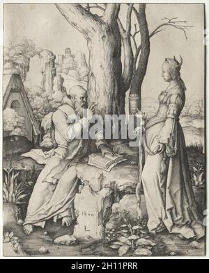 La tentazione di Sant'Antonio, 1509. Lucas van Leyden (olandese, 1494-1533). Incisione; Foto Stock