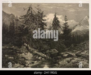 Ruscello alpino. Alexandre Calame (Svizzera, 1810-1864). Litografia; Foto Stock