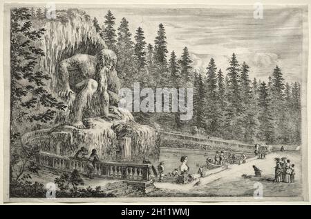 Veduta della Villa di Pratolino: Colossale Statua dell'Appennino, c.. 1653. Stefano della Bella (italiano, 1610-1664). Incisione; Foto Stock