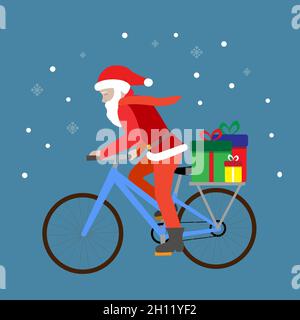 Carino carta di natale con Santa giovane in bicicletta Illustrazione Vettoriale
